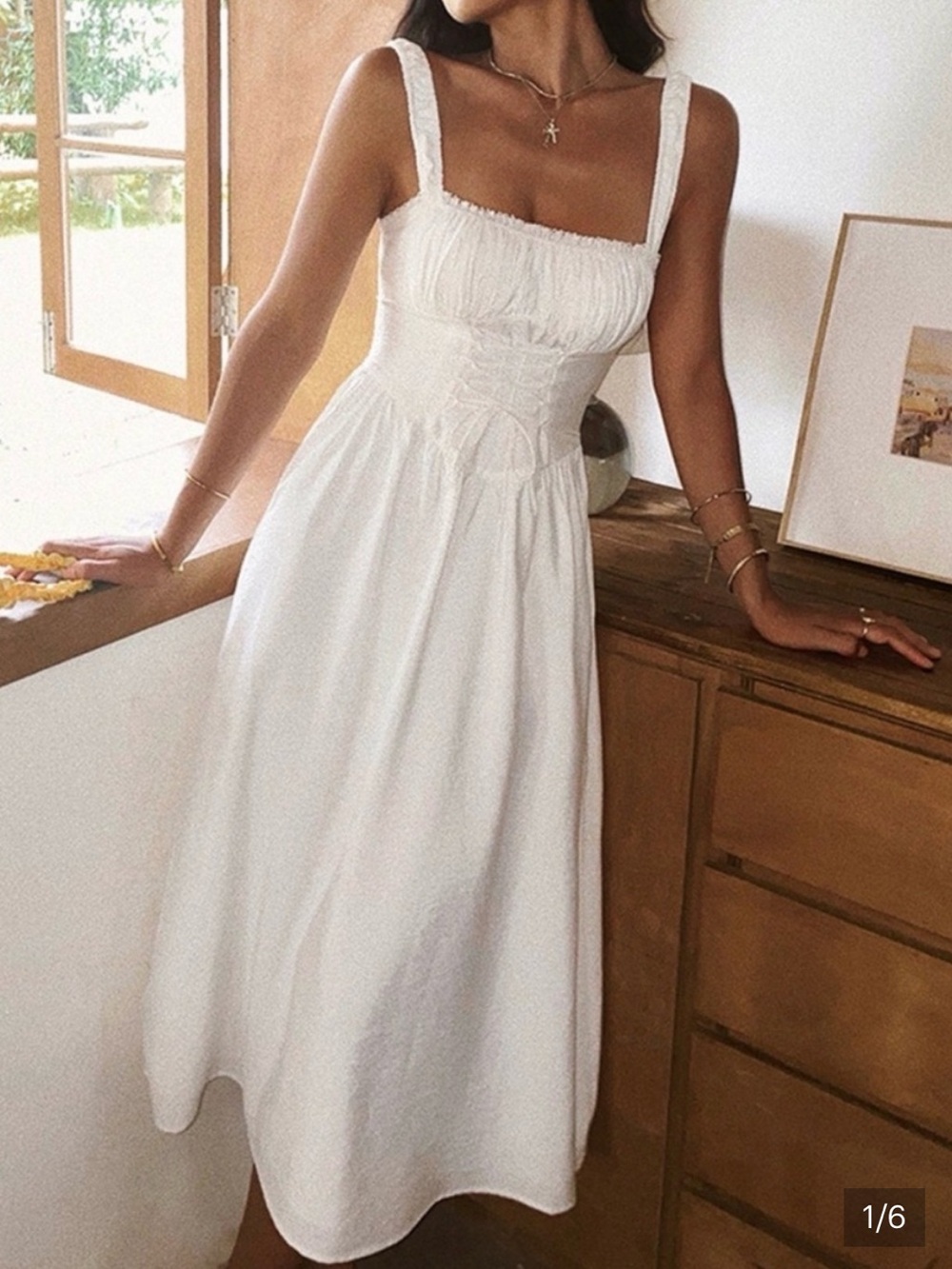 Commense White Midi Dress with Corset Detail